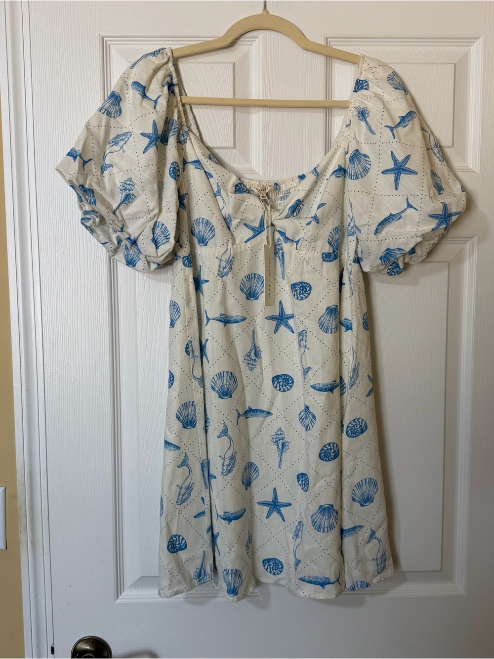 NWT Copper Key Cream Puff Sleeves Mini Dress with Blue Sea Life Print Medium
